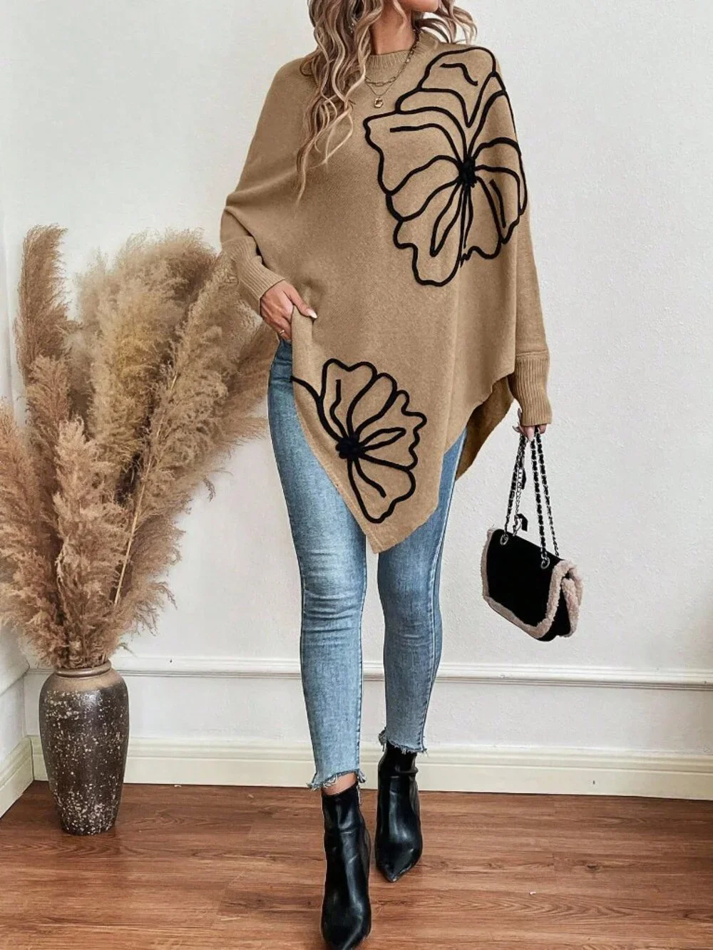 Khaki Casual Women's Asymmetrical Hem Crew Neck Sweater